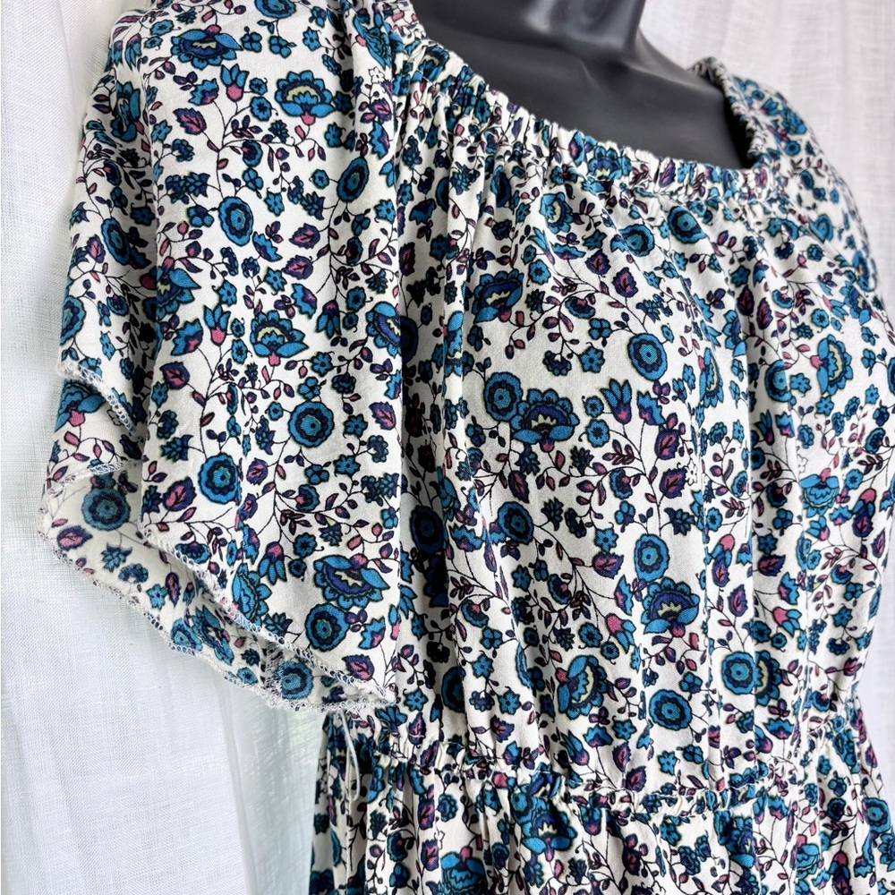 Boho White Floral Midi Dress with Teal and Navy Accents